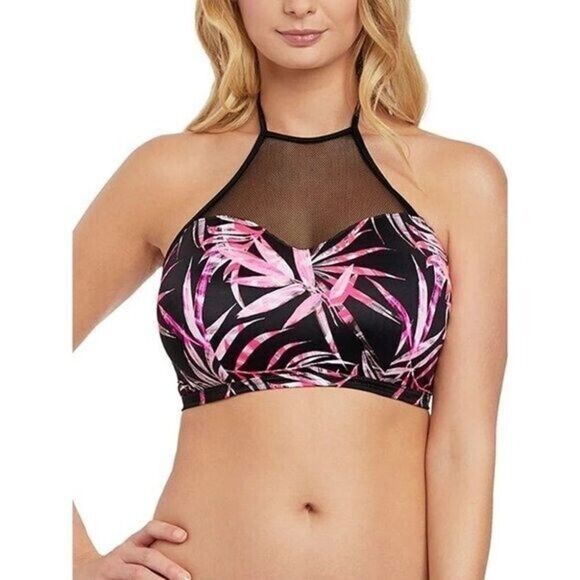Freya Black & Pink Palm Floral Halter Swim Top 34H - Picture 1 of 5
